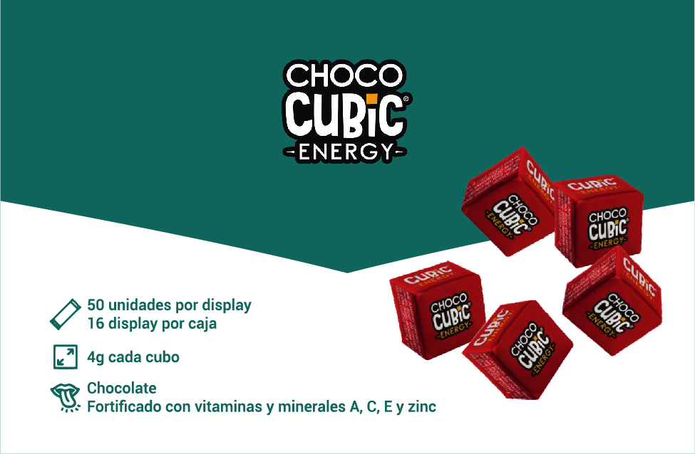 Chococubic: Golosina de chocolate, única en el mercado. Se puede comercializar durante todo el año puesto que no se derrite fácilmente. Es un cubito de energía.